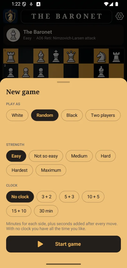 The Baronet on Android: the New game sheet
