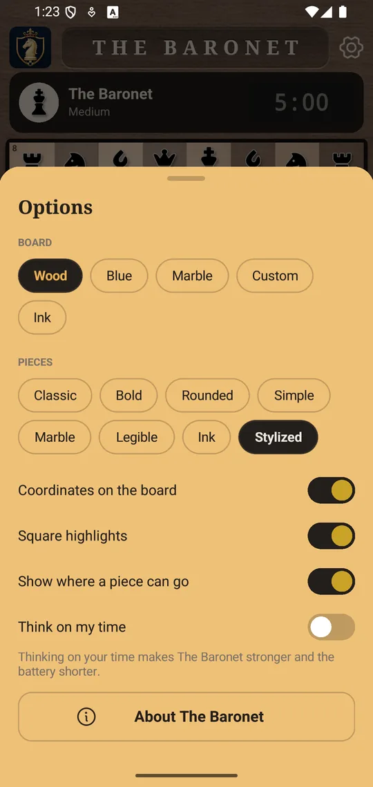 The Baronet on Android: the Options sheet with boards and pieces