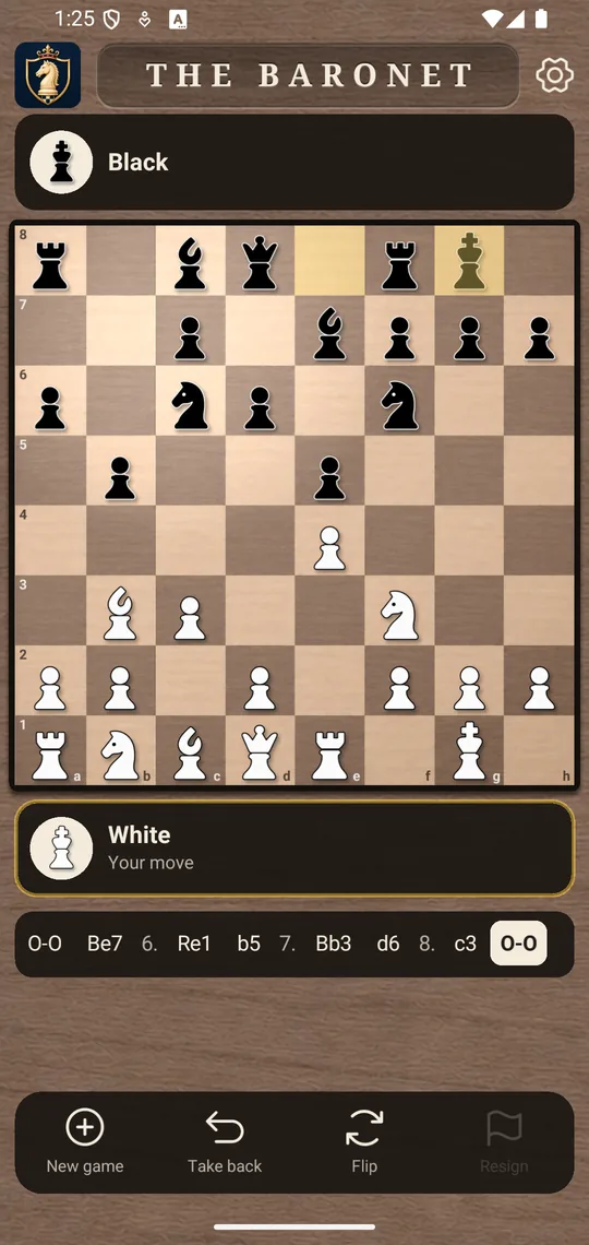 The Baronet on Android: a Ruy Lopez on the wooden board with the Stylized pieces