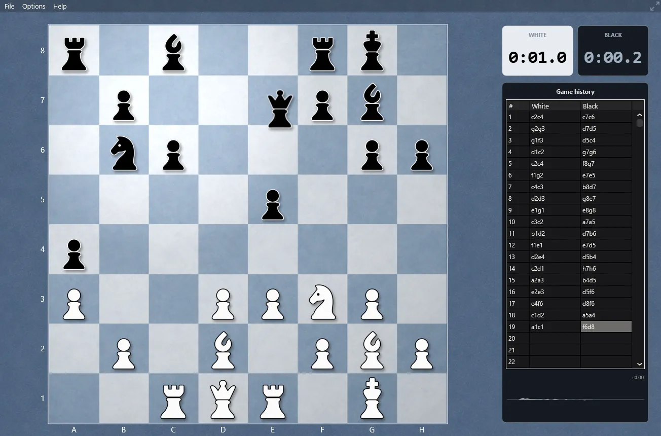 The Baronet on the blue board with the Stylized pieces and the game history panel